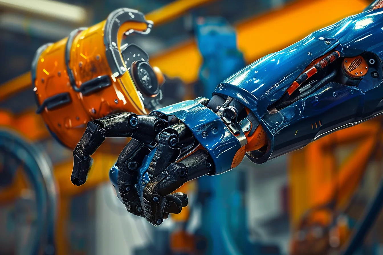 Ramię robota przemysłowego przy stanowisku produkcyjnym jako przykład urządzenia dostarczającego dane do systemu nadrzędnego